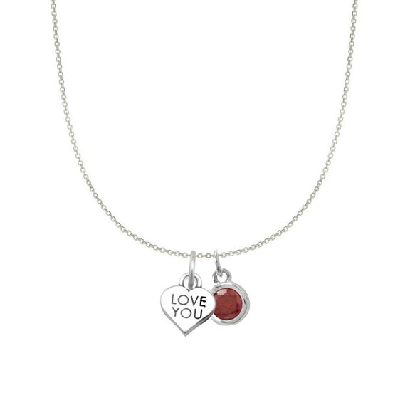 Precious Stars Sterling Silver Love You Heart and January Birthstone Charm Necklace