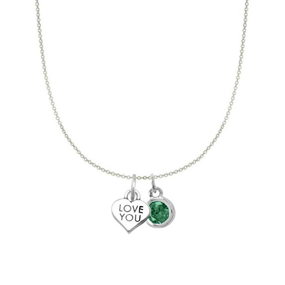 Precious Stars Sterling Silver Love You Heart and May Birthstone Charm Necklace