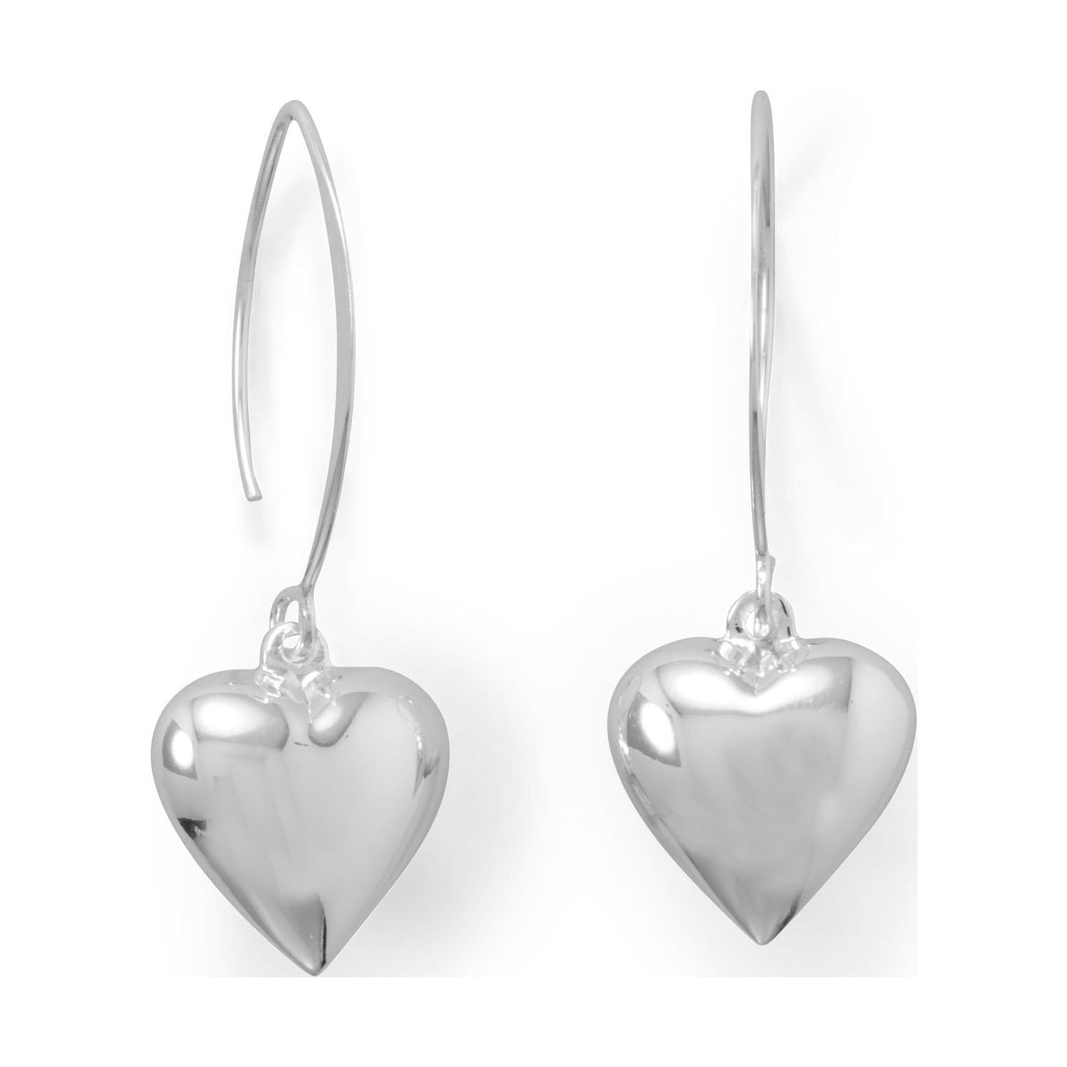 Puffy Polished Heart Dangle Earrings with Marquise Wire Sterling Silver Puffy Polished Heart Dangle Earrings with Marquise Wire Sterling Silver