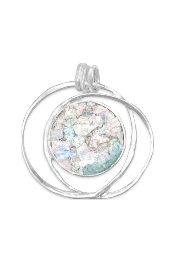 Sterling Silver Round Ancient Roman Glass Open Wire Pendant - No Chain, Pendant Only