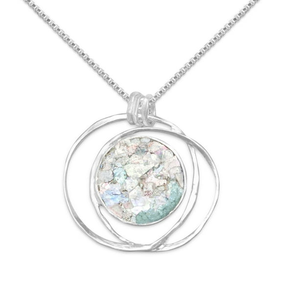 Precious Stars Sterling Silver Round Ancient Roman Glass Open Wire Pendant with 1.5mm Box Chain