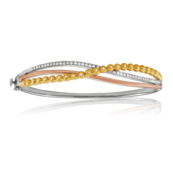 Precious Stars HETBG-0108-TT Two-Tone Goldplated Silver 0.50ct TDW White Diamond 7' 3-Row Bangle Bracelet