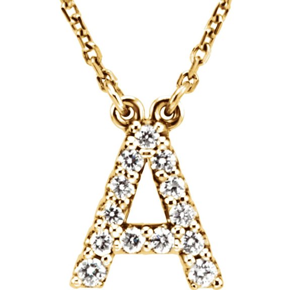 Precious Stars Unisex 14K Yellow Gold 1/8 CTW White Natural Diamond Initial A Pendant Necklace