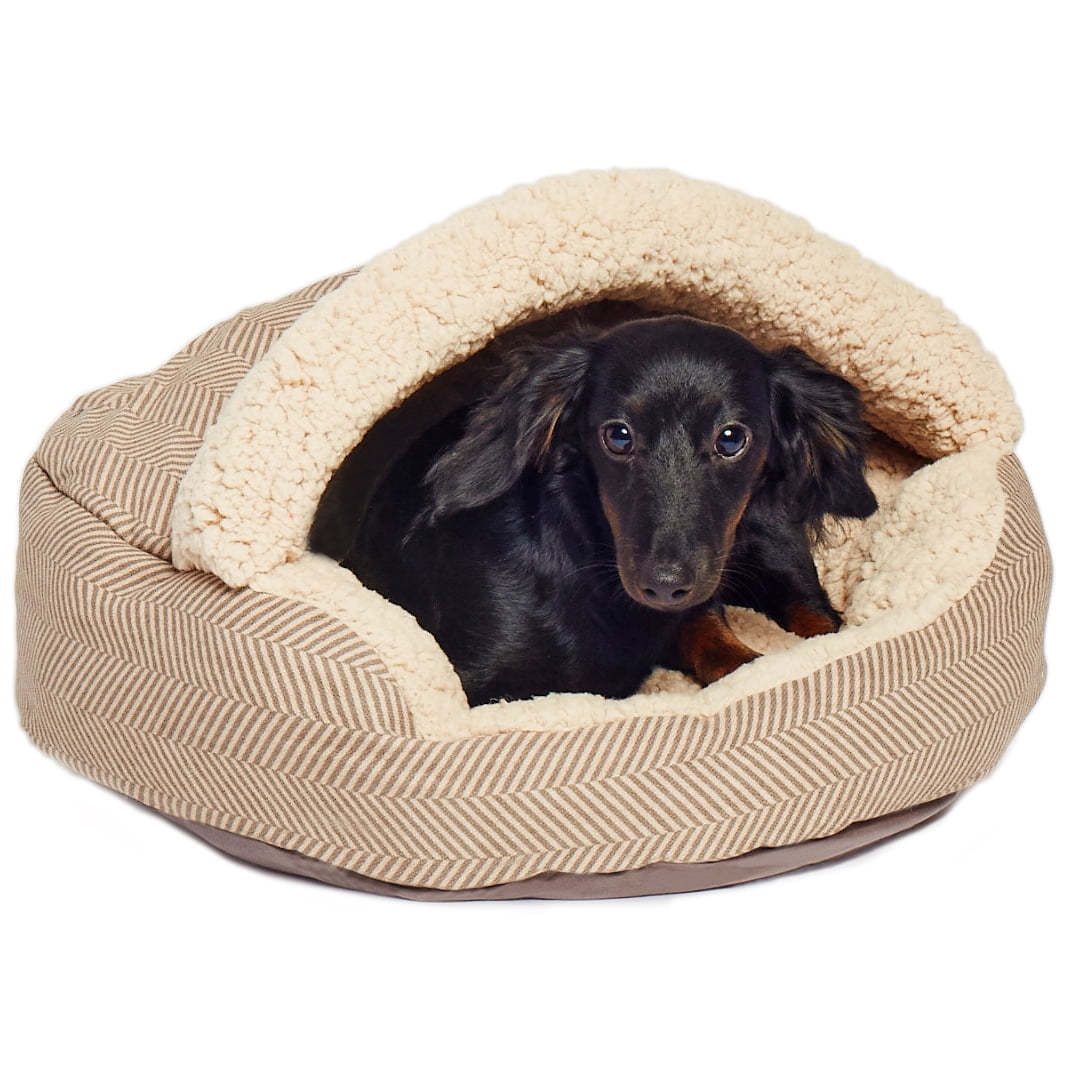 Precious Tails Herringbone Canvas Fleece Deep Dish Cave Bed