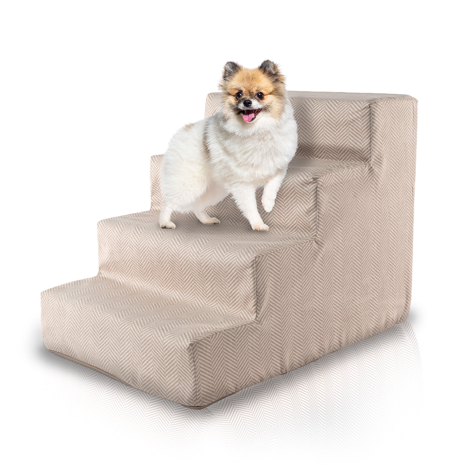 Khaki Herringbone High Density Foam 4-Step Pet Stairs