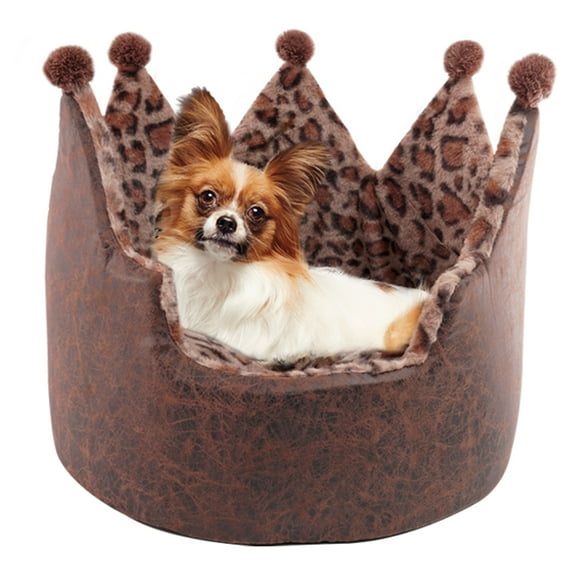 Precious Tails Luxury Leopard Print Crown-Shaped Bed for Small Dogs and Cats - Cozy, Stylish, and Plush Pet Bedding with Royal Design