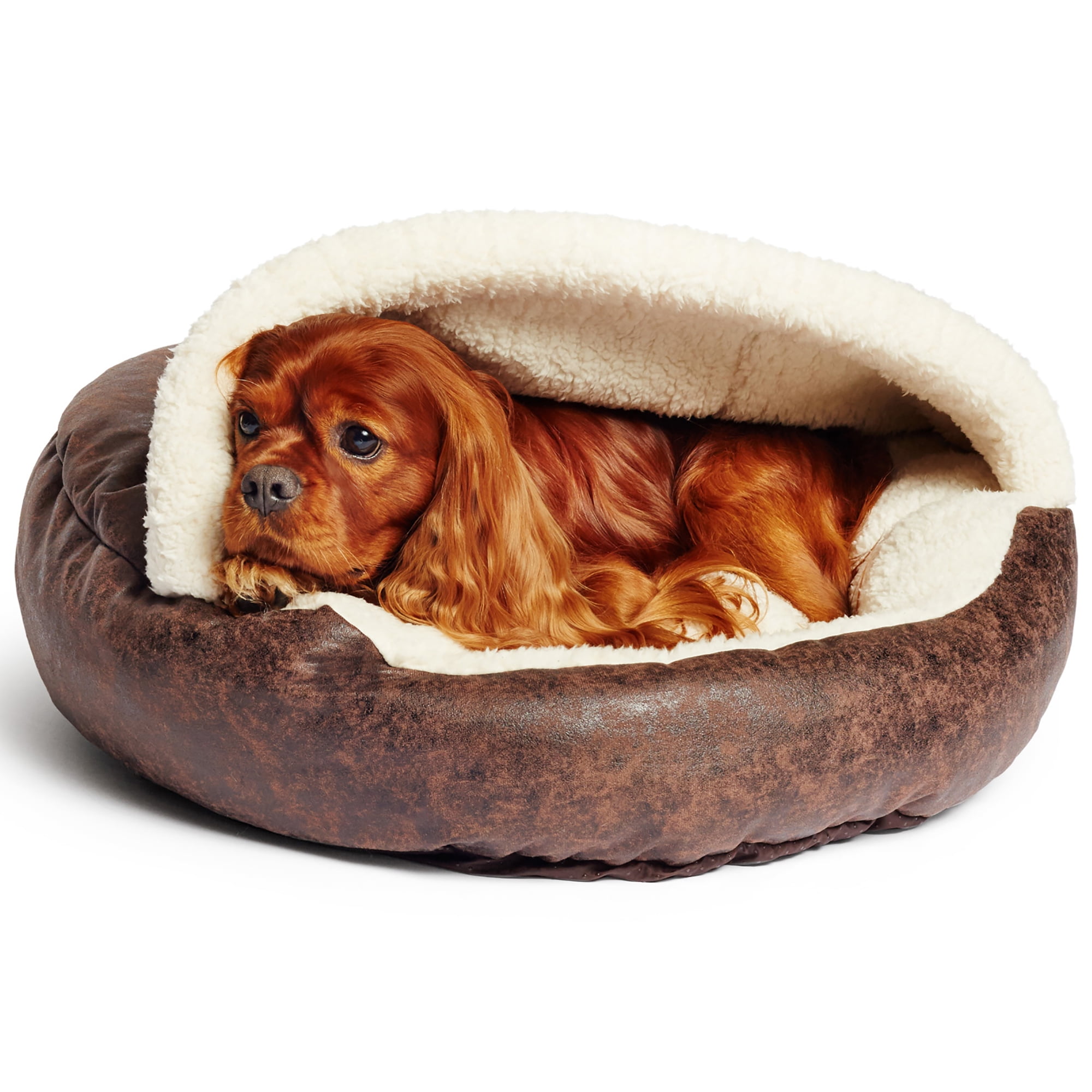 Medium Brown Vegan Leather Hooded Cave Pet Bed with Sherpa Interior