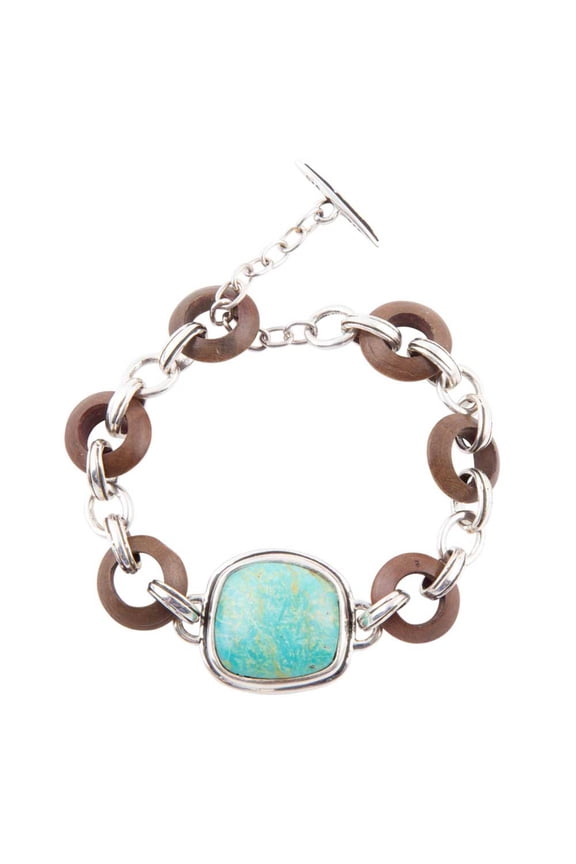 Precious Turquoise and Wood Sterling Silver Toggle Bracelet