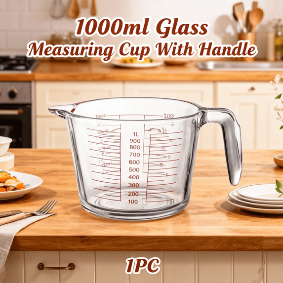 Precise Measurement Measuring Cup - 1000ml Heatproof Borosilicate Glass Jug with Handle,Clear Ml and Oz Markings,Microwave Oven Dishwasher Safe,Large Capacity for Baking Cooking