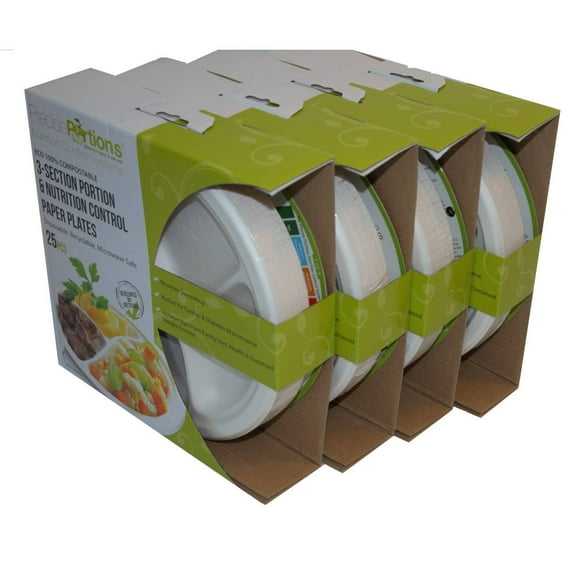 Precise Portions Compostable Starter Plates, 3-Section Disposable Dinnerware Plates, Made from Natural Bamboo Fiber (Pack of 100)
