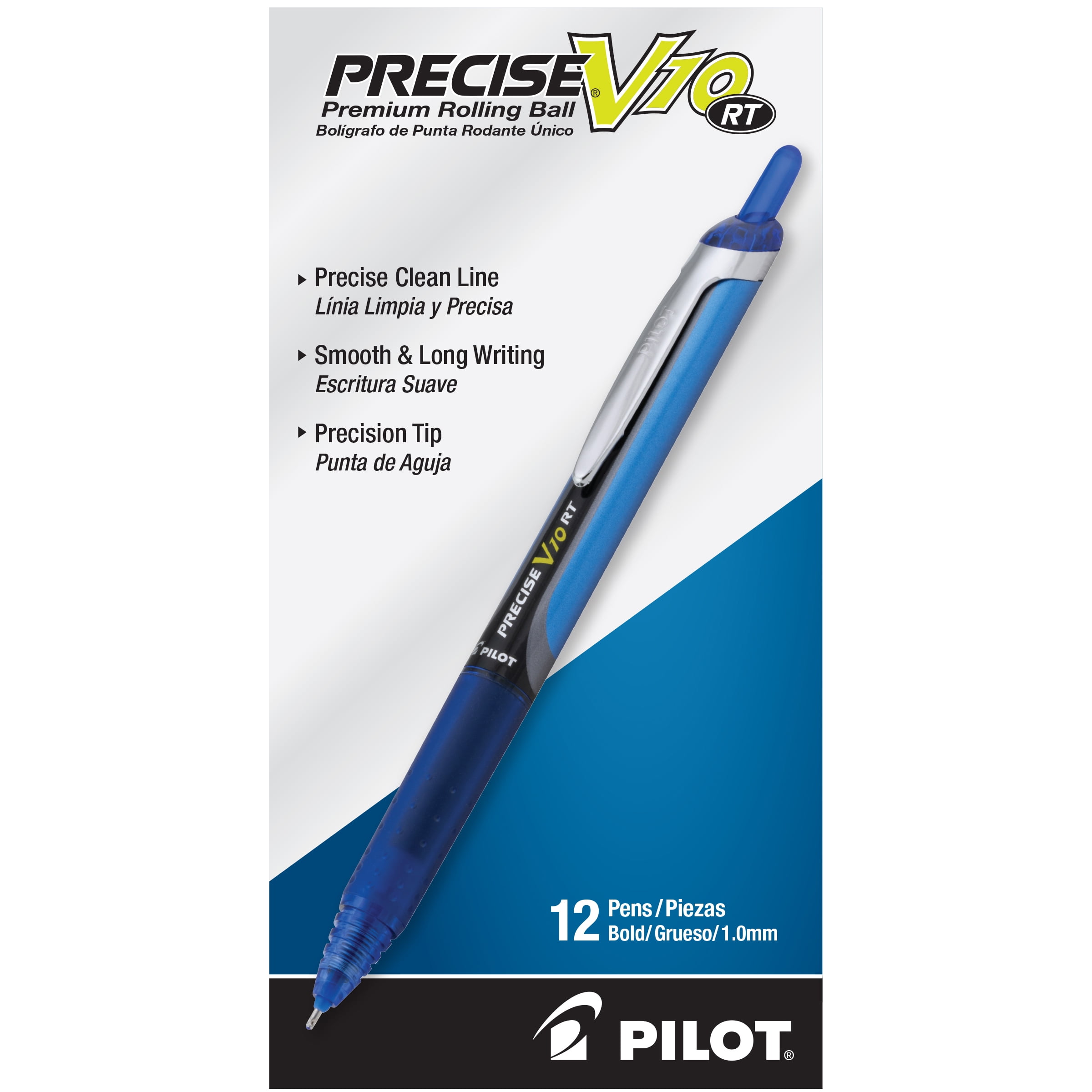 Pilot Precise V10 Retractable Rolling Ball Pens, Bold Point, 1.0 mm, Blue Ink, 12 Pack