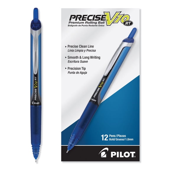 Pilot Precise V10 Retractable Rolling Ball Pens, Bold Point, 1.0 mm, Blue Ink, 12 Pack