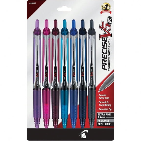 Precise V5 RT Retractable Rollerball Pens, 0.5mm, Assorted, 7-Pack