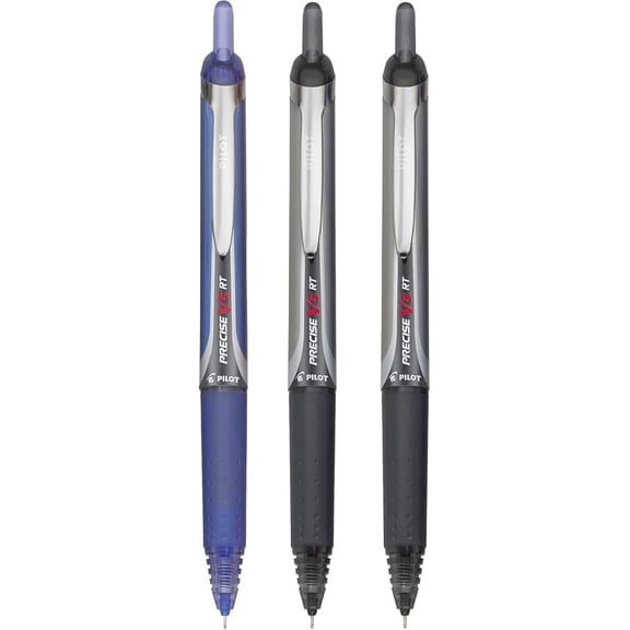 Precise V5 RT Retractable Rolling Ball Pens, Extra Fine Point (.5mm), Assorted Colors Black/Blue Ink, 3-pk; Premium Comfort Grip, Bundle with Plastic Reusable Pouch