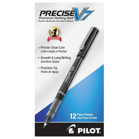 , Precise V7, Capped Liquid Rolling Pens, Fine Point 0.7 mm, Black, Pack of 12