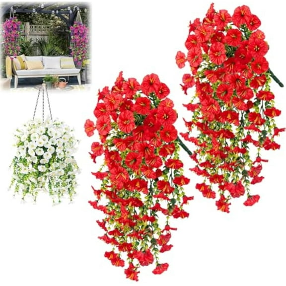 Precisetrue Hanging Flowers, Artificial Hanging Baskets Fake Flower Morning Glory, Artificial Hanging Flowers Outdoor, Faux Plants Spring Decor Fake Silk Mums Violets (Red)