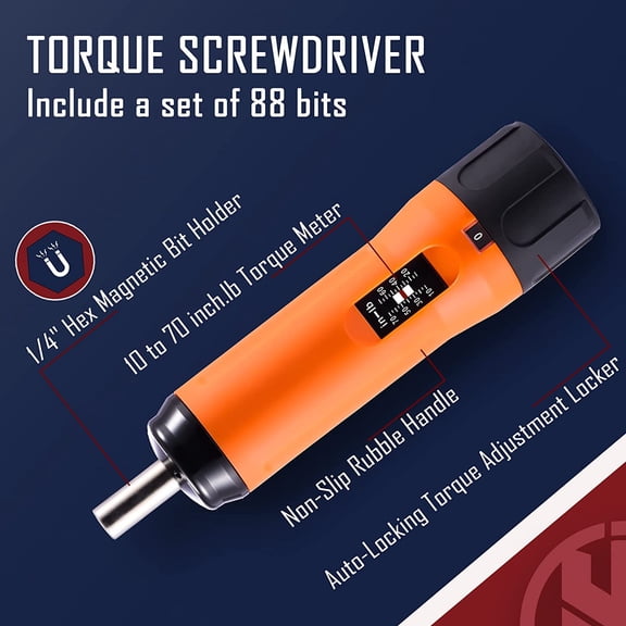 Precision 1/4" Torque Screwdriver Set Adjustable from 10 to 70 In-Lbs Engineering Repair Kit Maintenance Tools with T-BAR Ratchet Screwdriver, Set of 92 pieces