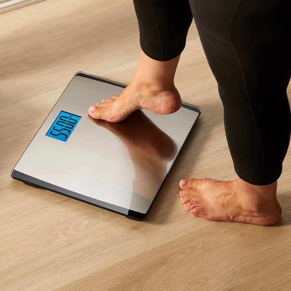 Precision 550 Pound Extra-High Capacity Digital Bathroom Scale, Extra-Wide Platform, Stainless Steel Body Weight Scale with Step-On Tech, Silver