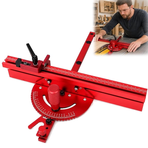 Precision Aluminum Beveled Baffle Plates, Miter Gauge for Table Saw with Grating Stops, Adjustable Spring Loaded Plunger Disc, Crosscut Sled Fence Quick Adjustment Precise Guidances (Red)