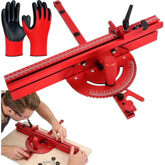 Precision Aluminum Miter Gauge for Table Saw, Beveled Baffle Plates with Adjustable Grating Stops, Detachable Disc & Multi-Track Fence, Woodworking Tools for Crosscuts and Framing (Red)