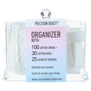 Precision Beauty 3-Sectional Organizer with 100 Cotton Swabs, 30 Cotton Pads, and 25 Cosmetic Wedges