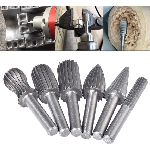 Versatile Carbide Burrs, Engraving Polishing Tungsten Carbide Rotary File Double Cut Rotary Burs Toolset 6mm Dia, for Rotary Tools 6-Pack