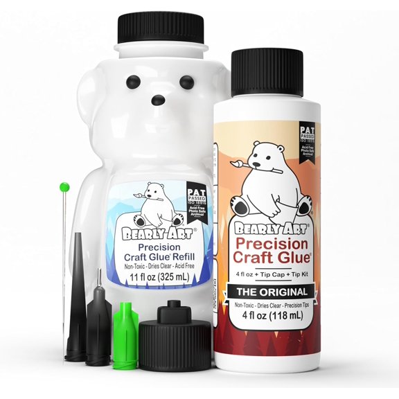 Precision Craft Glue -The Bundle - 4fl oz and 11fl oz Refill Bear - Tip Kit Included - Wrinkle Resistant - Flexible and Crack Resistant - Strong Hold Adhesive - Made in USA