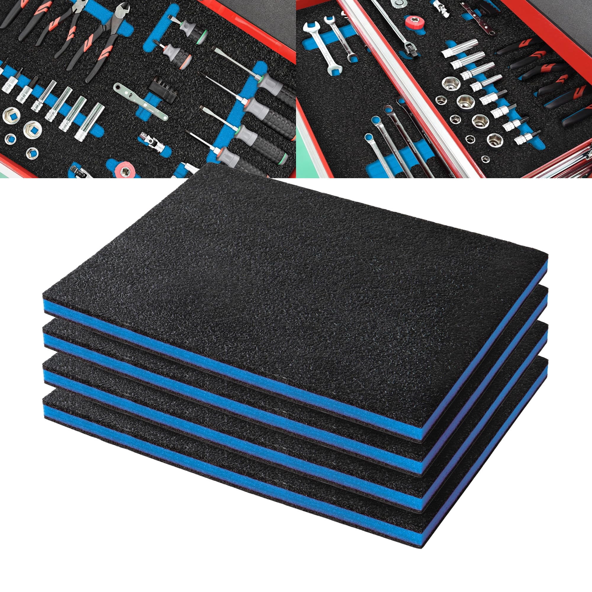 Precision Defined Tool Box Foam - Protective Inserts for Cases, Polyethylene Tool Foam for Cases, Cushion Insert for Toolboxes - 16" Black/Blue (4 pack)