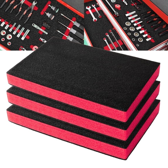 Precision Defined Tool Box Foam - Protective Inserts for Cases, Polyethylene Tool Foam for Cases, Cushion Insert for Toolboxes - 18" Black/Red (3 pack)
