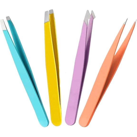 Precision Eyebrow Tweezers Set, 4 Pack, Stainless Steel, Multi-Color, Professional Slanted and Pointed Tips for Facial Hair, Eyelash Extensions, Makeup