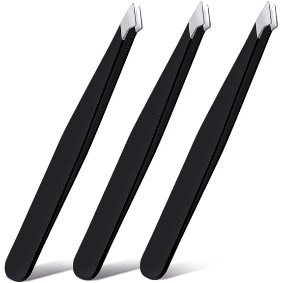 Precision Eyebrow Tweezers Stainless Steel Pointed Tip for Splinter and Ingrown Hair Removal 3 Pcs Black