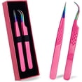 thumbnail image 1 of Precision Eyelash Extension Tweezers,Straight And Curved, with Fiber Tip, Volume & Isolation Tweezers, Japanese Stainless Steel, Unique Spotted Design (Pink Color), 1 of 8