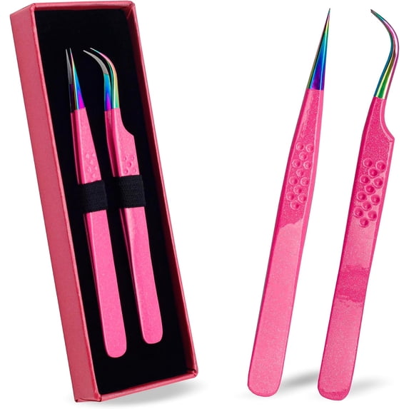 Precision Eyelash Extension Tweezers,Straight And Curved, with Fiber Tip, Volume & Isolation Tweezers, Japanese Stainless Steel, Unique Spotted Design (Pink Color)