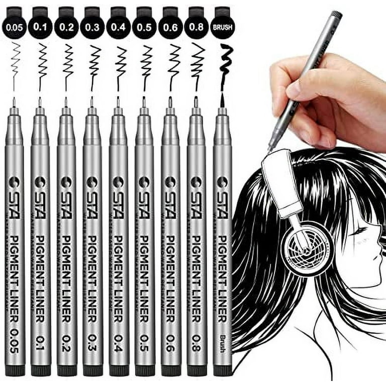 Precision Micro-Line Pens, Set of 9 Black Micro-Pen Fineliner Ink Pens,  Waterproof Archival ink, Multiliner, Sketching, Anime, Artist Illustration
