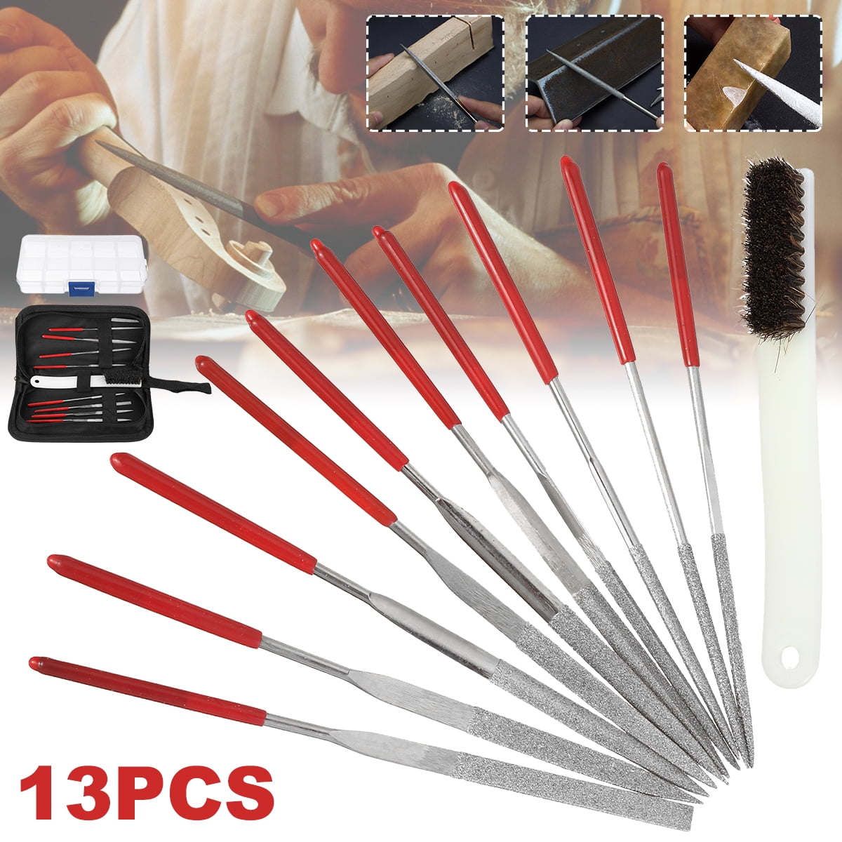 Precision Needle File Set ,13x Diamond Needle File Set Brush Zipper