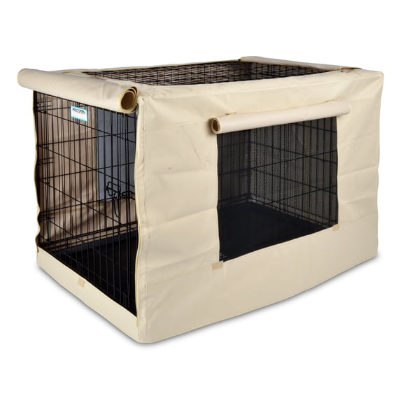 Precision Pet Products Heavy-Duty 42" Dog Crate Cover with Roll-Up Doors, Tan