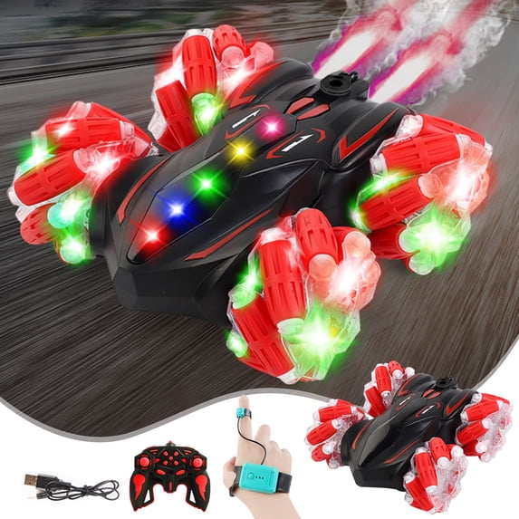 Precision Rotation RC Stunt Car - 10° Pattern Control, 40 Min Runtime & Chasing LEDs - Black All-Terrain Gift Set Age 6+ Red