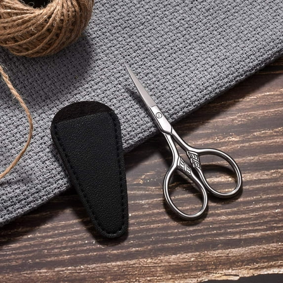 Precision Scissors, 3.5inch Stainless Steel Multi-Purpose Vintage Beauty Grooming Kit, Suitable For Facial Hair, Eyebrow, Eyelash, Beard, Moustache with PU Sheath