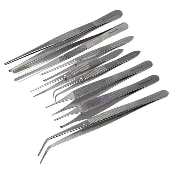 Precision Stainless Steel 8 Pcs Lab Tweezers Lab Multipurpose Assorted Tweezers - Straight & Curved Tips For Science Students