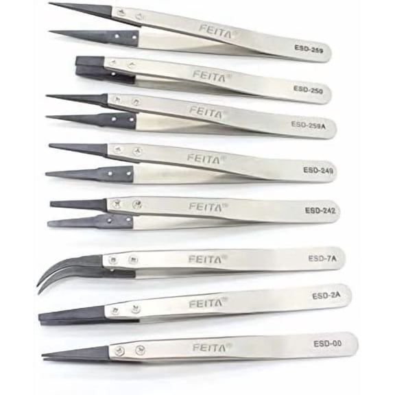 Precision Tweezer Set - Antistatic Replaceable Fiber Tip Stainless Steel ESD Tweezers for Electronics, Jewelry-Making, Laboratory, Hobby (8 Pcs)$$Office