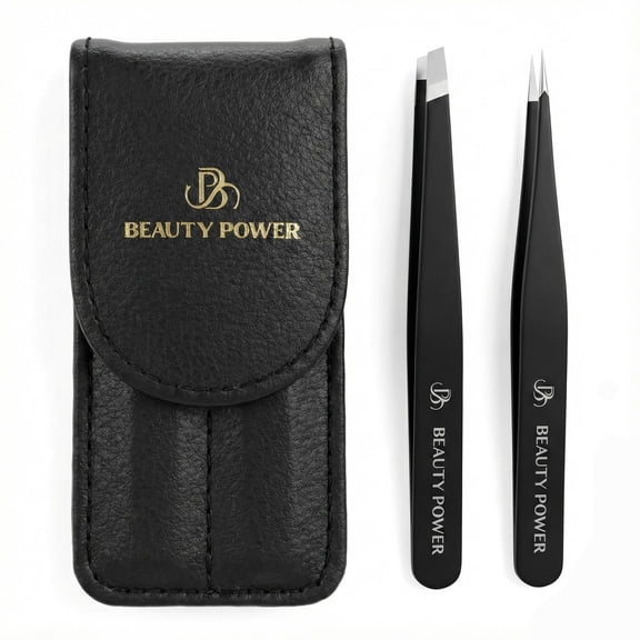 Precision Tweezers for Women Facial Hair & Men - Professional Tweezers Set with Slant & Point Tips, German Stainless Steel, Black PU Leather Case, Lightweight & Ultra Precision - Gift