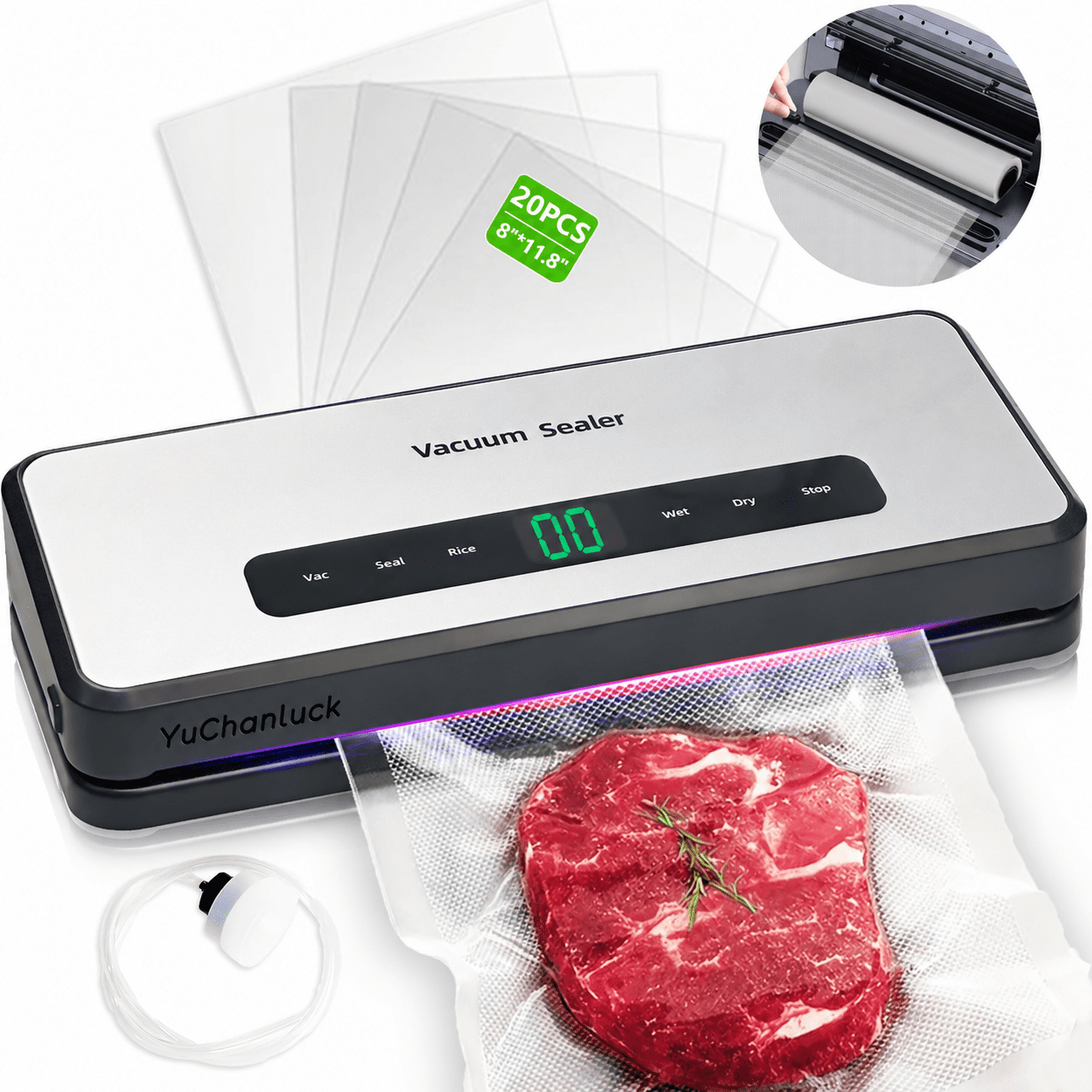 5-in-1 Mini Vacuum Sealer Machine, 90KPa Compact Automatic Food Preservation Storage, Bag Roll Included, Silver