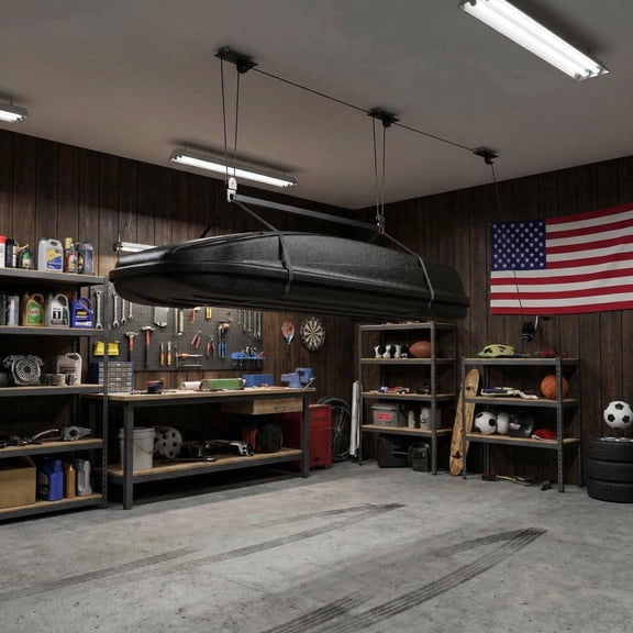 PrecisionAuto Cargo Box Garage Pulley System, Professional Heavy-Duty Ceiling Hoist for Rooftop Cargo Boxes & Large Storage Bins, 200 Lb Rated Capacity, Fits 1014 ft Garage Ceilings