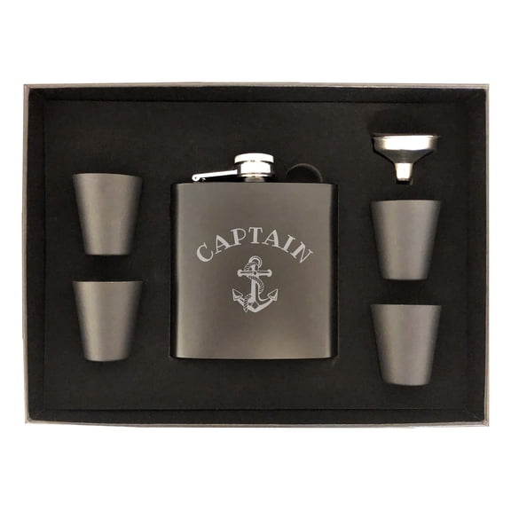 PrecisionNC Boating Gifts Captain with Anchor Engraved Stainless Steel 6 oz Flask Birthday Large Box Set
