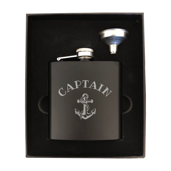 PrecisionNC Boating Gifts Captain with Anchor Engraved Stainless Steel 6 oz Flask Birthday Small Box Set