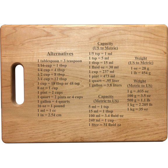 PrecisionNC Cooking Gifts Kitchen Measurements and Conversions Metric and US Standard Engraved Large Sized Natural Wood Cutting Board Maple