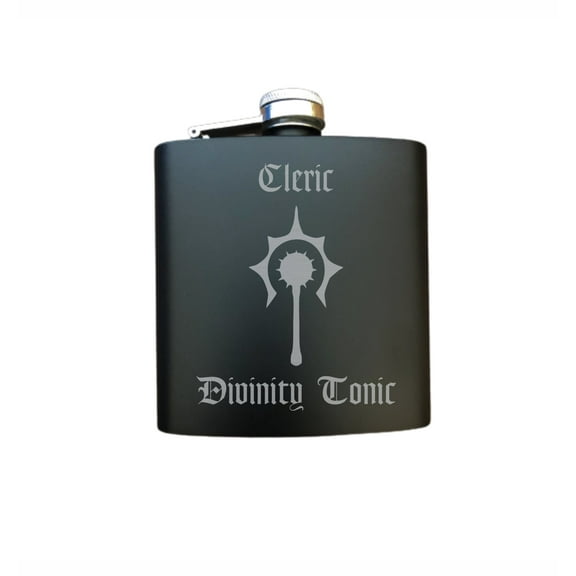 PrecisionNC D&D DND Gifts Cleric Divinity Tonic Engraved Stainless Steel 6 oz Flask Dungeons Dragons Flask
