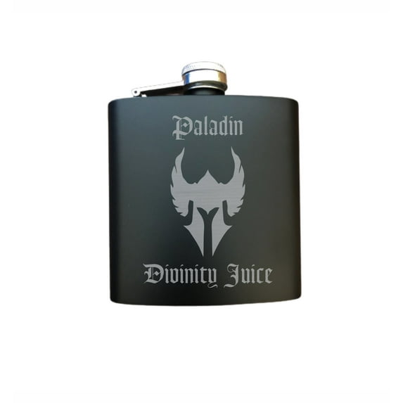 PrecisionNC D&D DND Gifts Paladin Divinity Juice Engraved Stainless Steel 6 oz Flask Dungeons Dragons Flask
