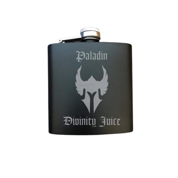 PrecisionNC D&D DND Gifts Paladin Divinity Juice Engraved Stainless Steel 6 oz Flask Dungeons Dragons Flask