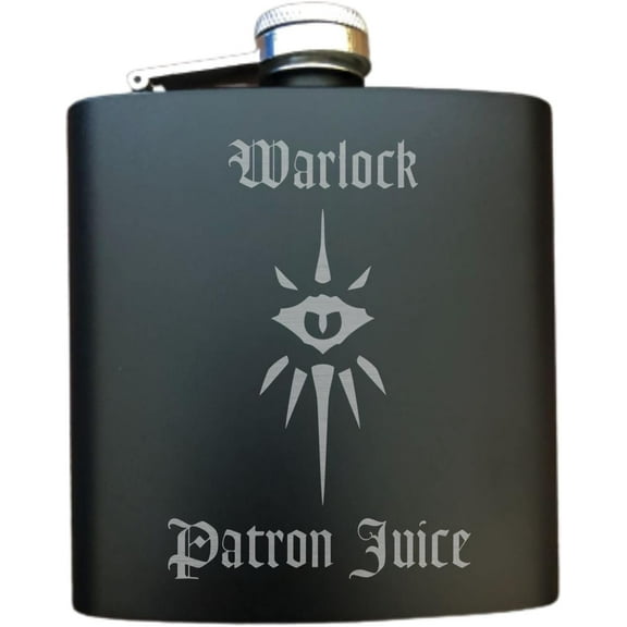 PrecisionNC D&D DND Gifts Warlock Patron Juice Engraved Stainless Steel 6 oz Flask Dungeons Dragons Flask